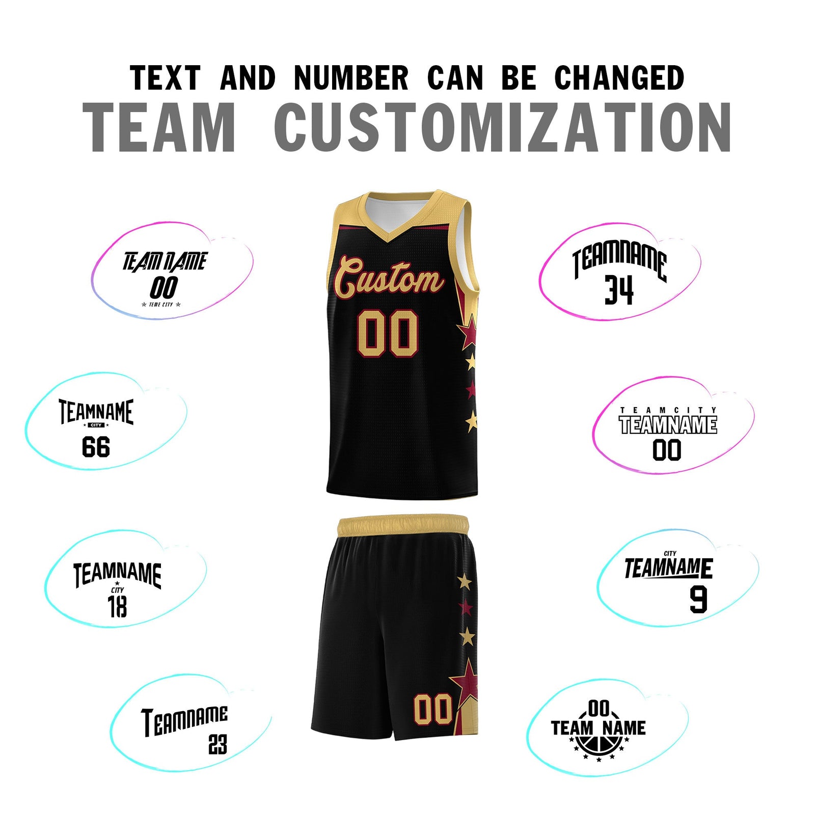 Custom Youth Basketball Uniform Black Old Gold Two Tone Side Star Add Name Number & Logo