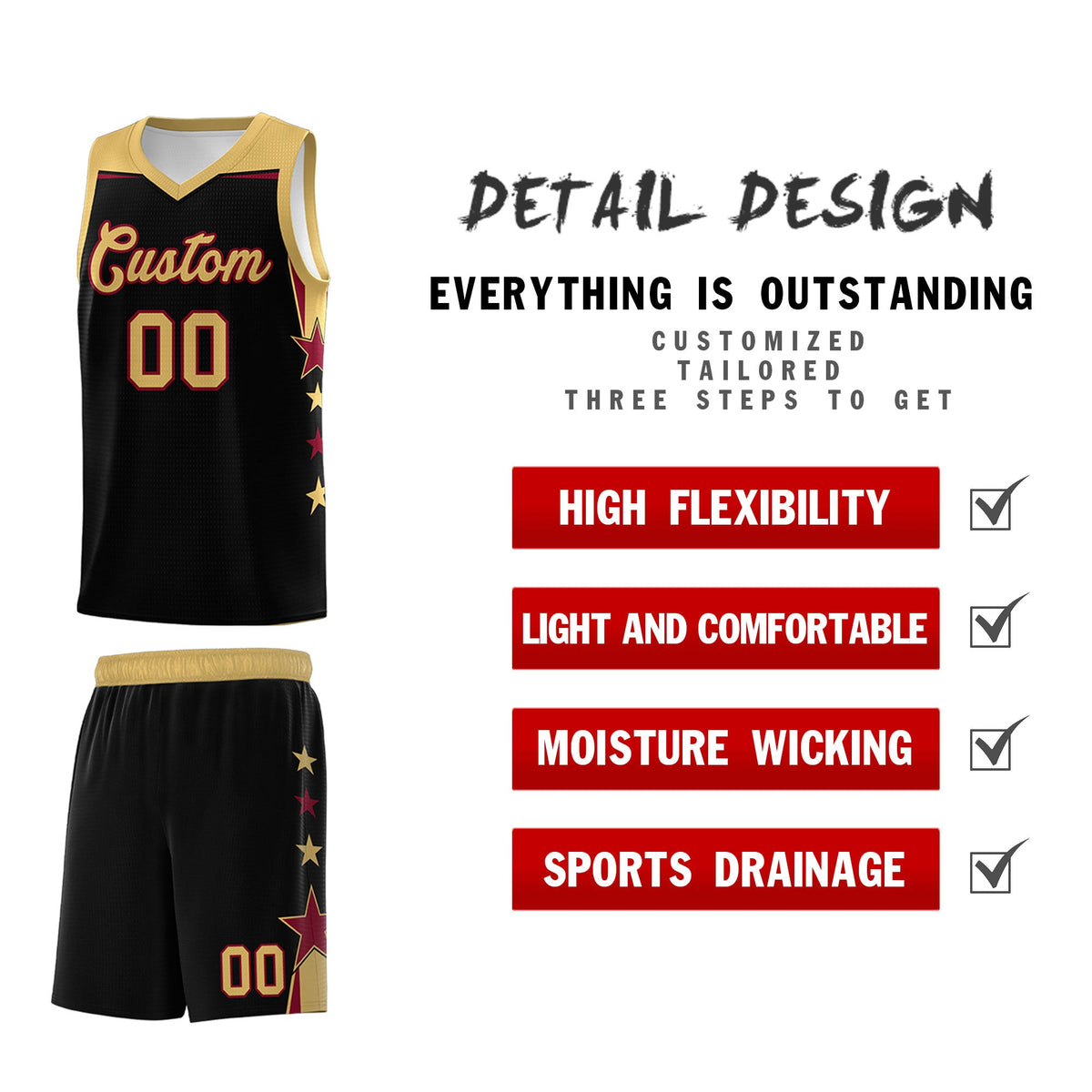Custom Youth Basketball Uniform Black Old Gold Two Tone Side Star Add Name Number &amp; Logo