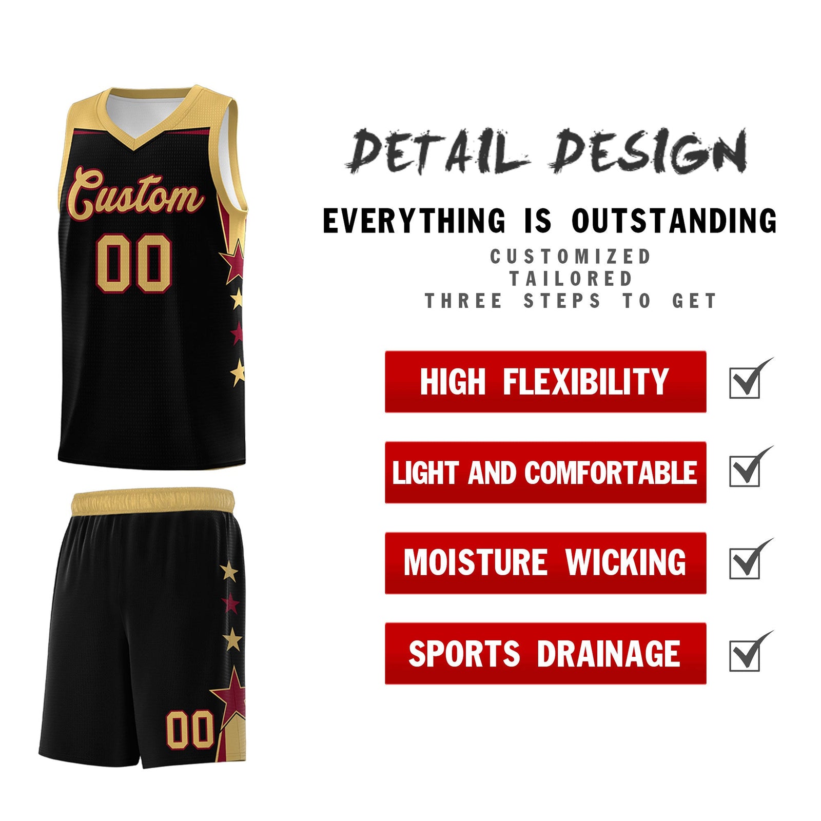 Custom Youth Basketball Uniform Black Old Gold Two Tone Side Star Add Name Number & Logo