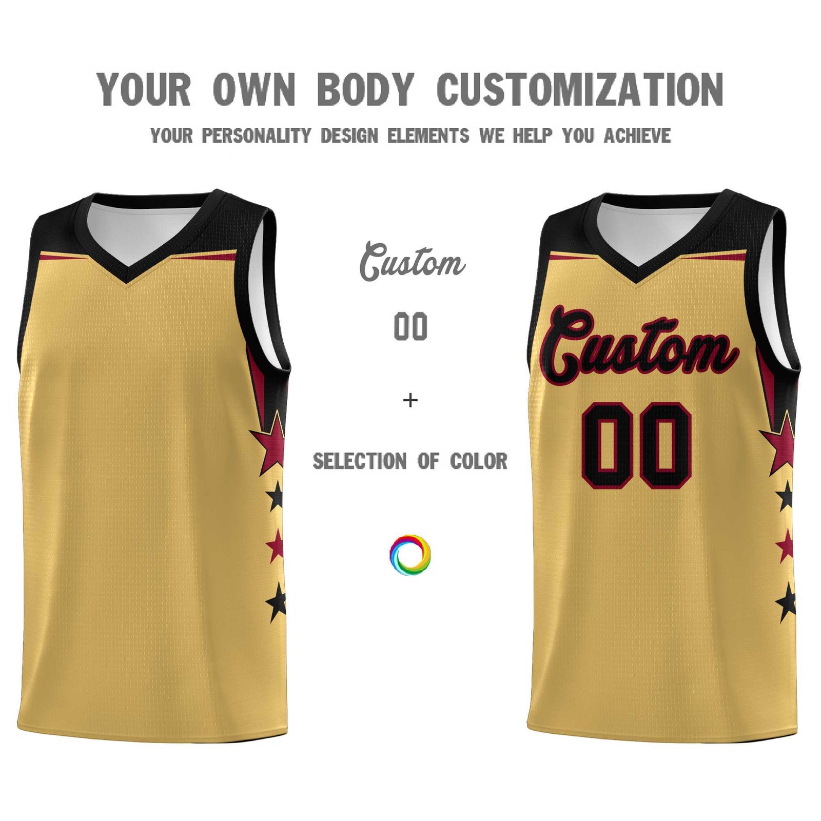 Custom Youth Basketball Uniform Old Gold Black Two Tone Side Star Personalized Team Jersey