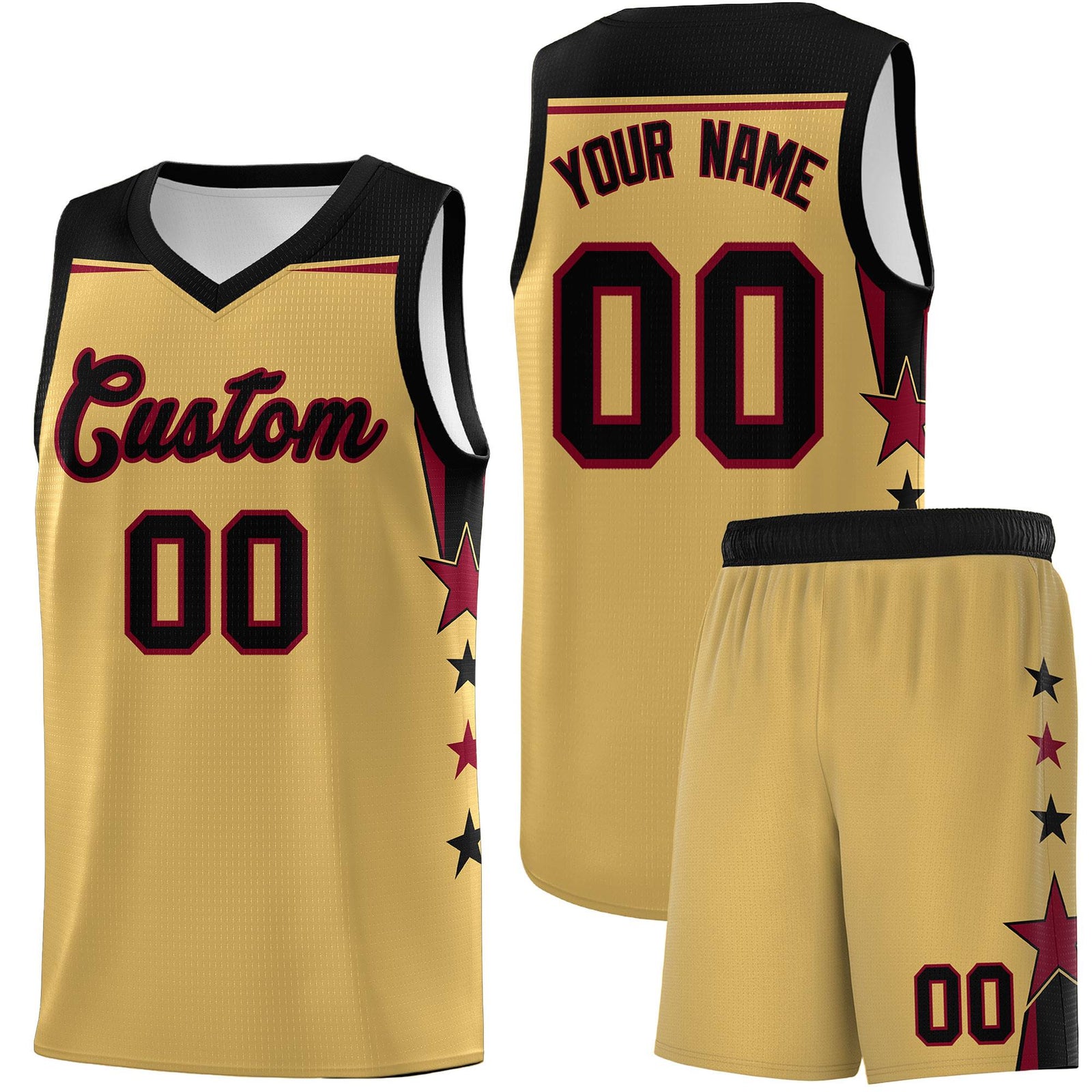 Custom Youth Basketball Uniform Old Gold Black Two Tone Side Star Personalized Team Jersey