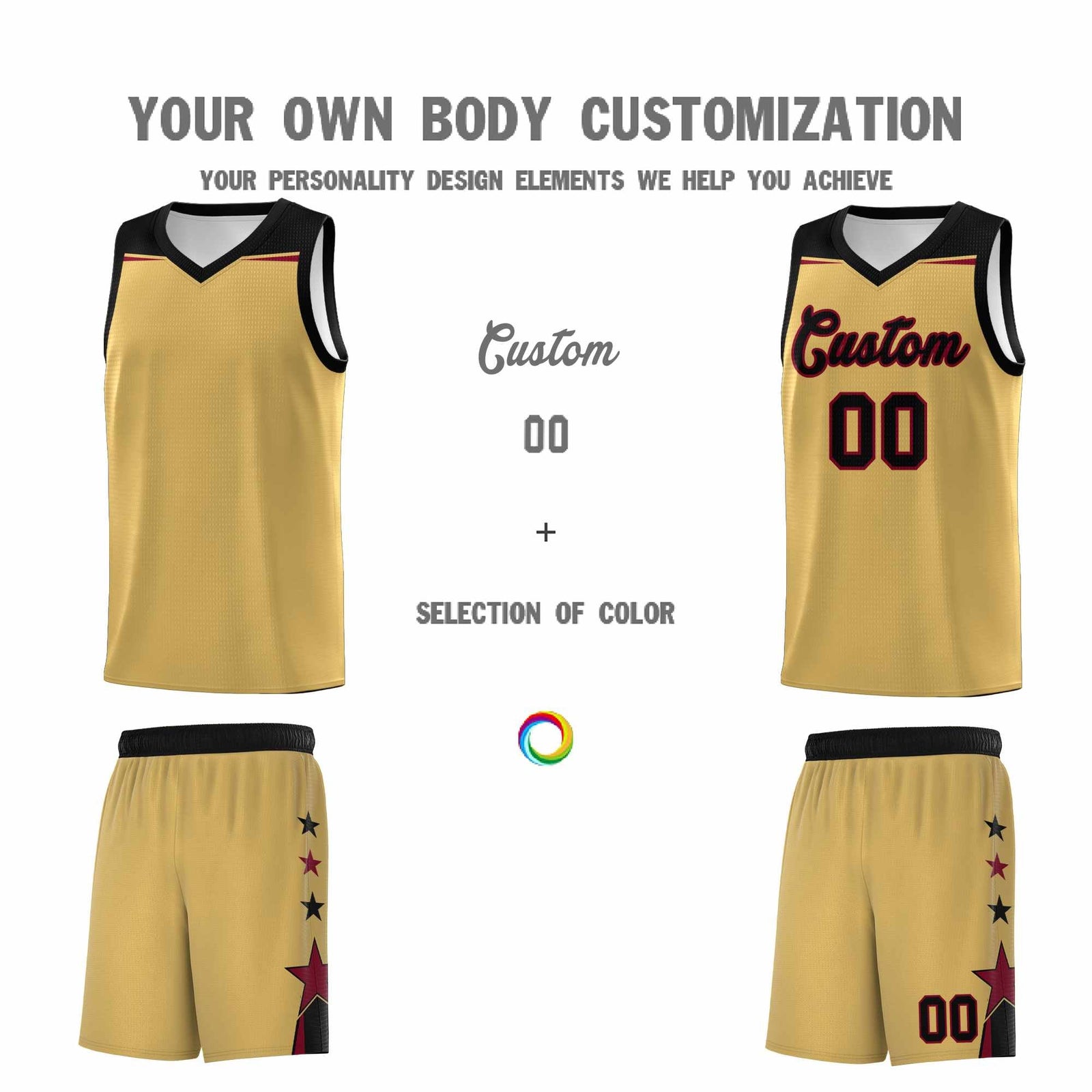 Custom Youth Basketball Uniform Old Gold Black Two Tone Side Star Personalized Team Jersey