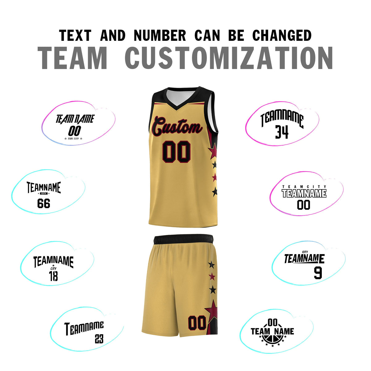 Custom Youth Basketball Uniform Old Gold Black Two Tone Side Star Personalized Team Jersey