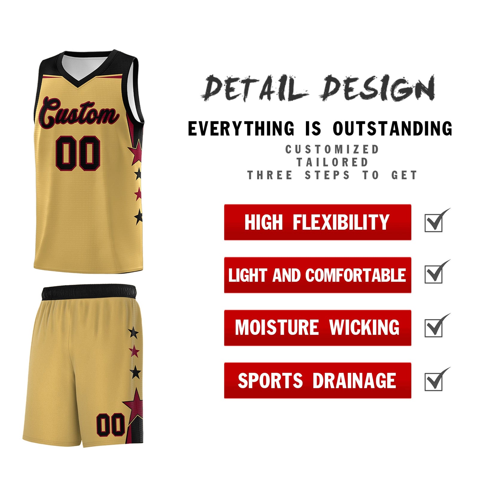 Custom Youth Basketball Uniform Old Gold Black Two Tone Side Star Personalized Team Jersey