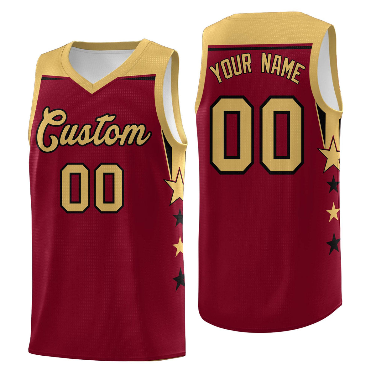 Custom Youth Basketball Uniform Crimson Old Gold Two Tone Side Star Color Block Team Jersey