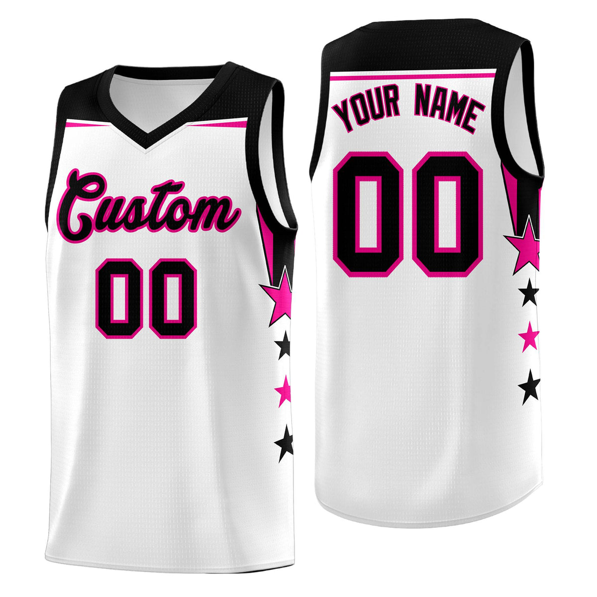 Custom Youth Basketball Uniform White Black Two Tone Side Star Add Name Number &amp; Logo