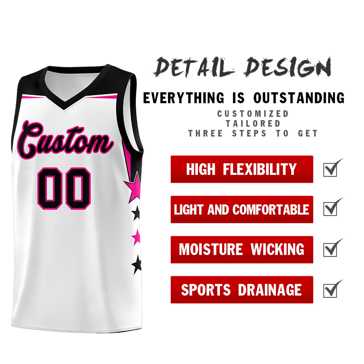 Custom Youth Basketball Uniform White Black Two Tone Side Star Add Name Number &amp; Logo