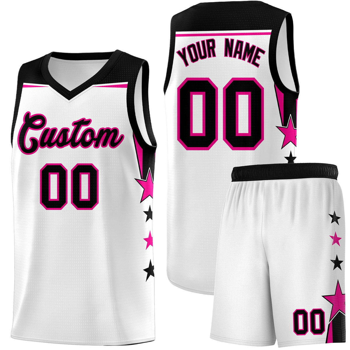 Custom Youth Basketball Uniform White Black Two Tone Side Star Add Name Number &amp; Logo