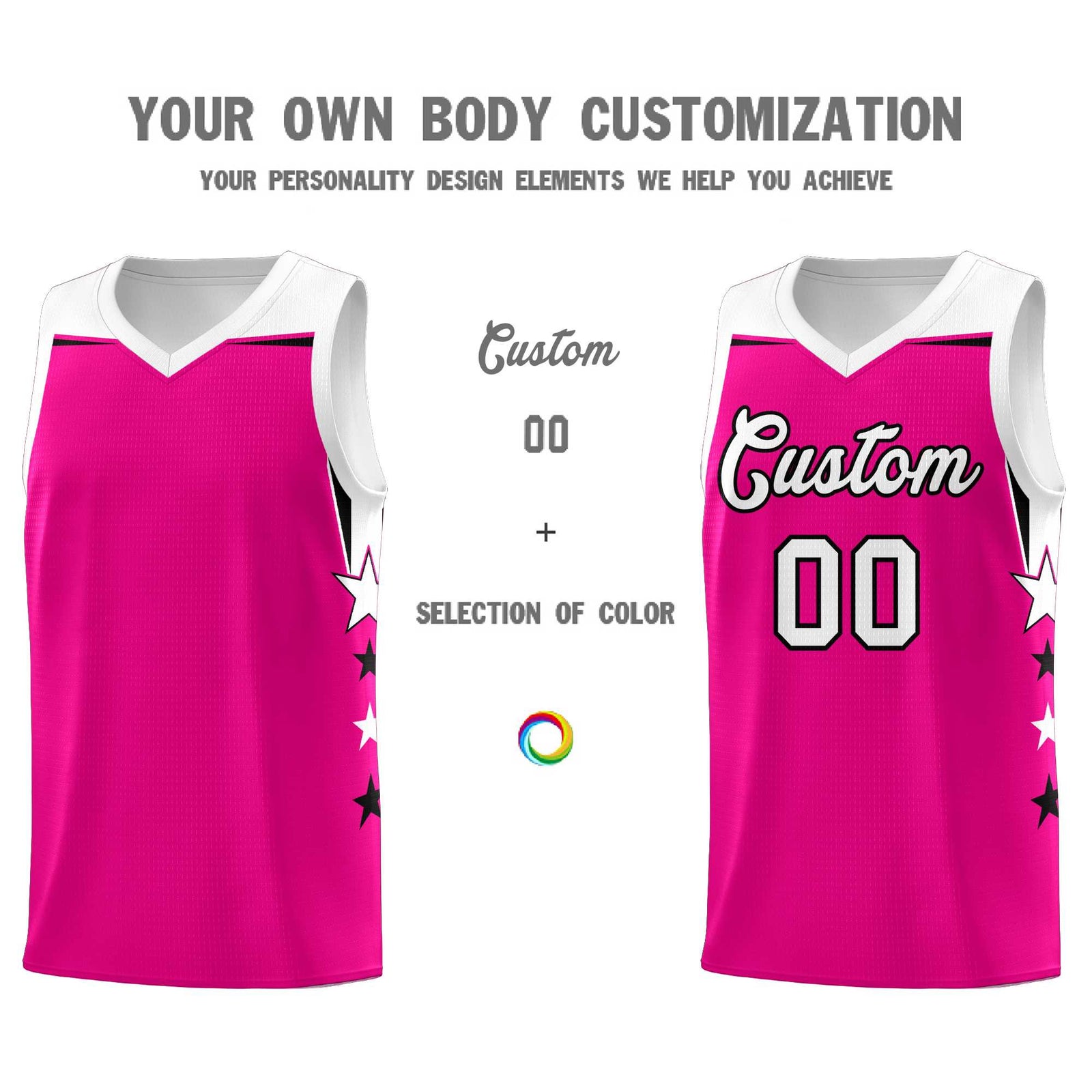 Custom Youth Basketball Uniform Pink White Two Tone Side Star Color Block Team Jersey