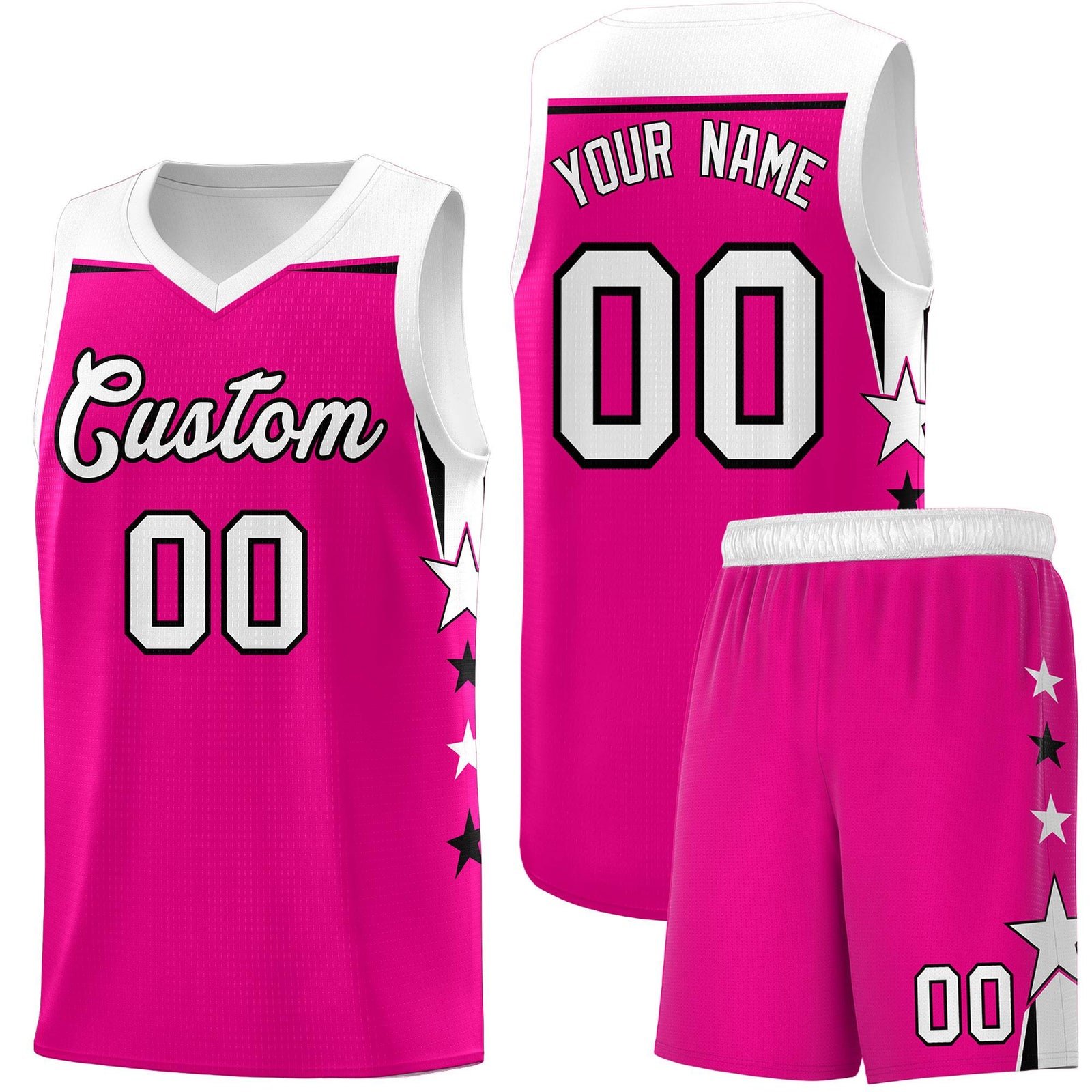 Custom Youth Basketball Uniform Pink White Two Tone Side Star Color Block Team Jersey