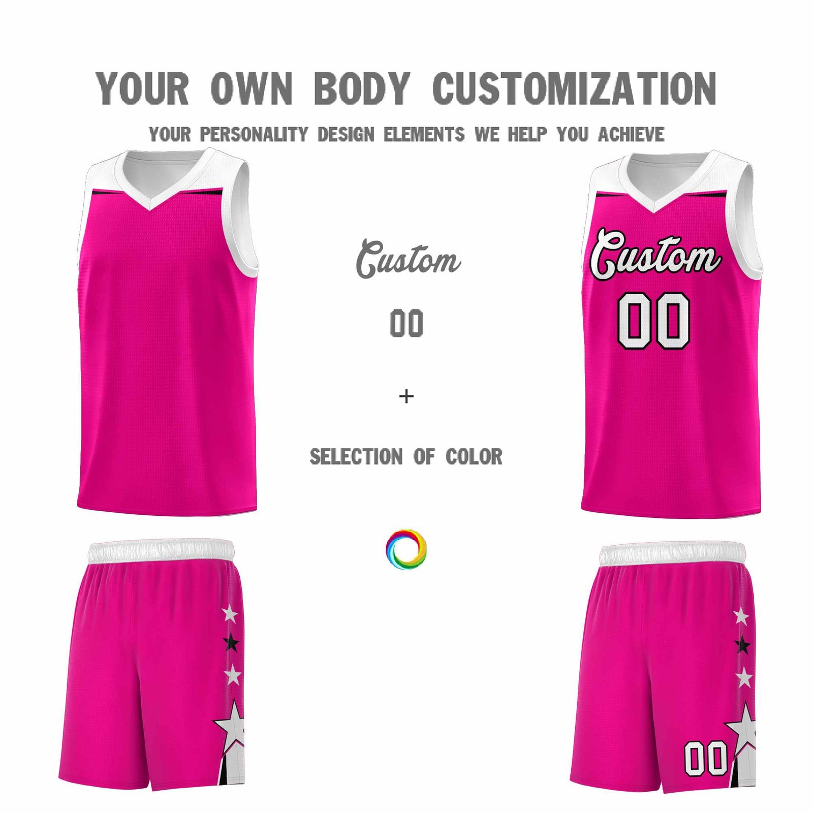 Custom Youth Basketball Uniform Pink White Two Tone Side Star Color Block Team Jersey