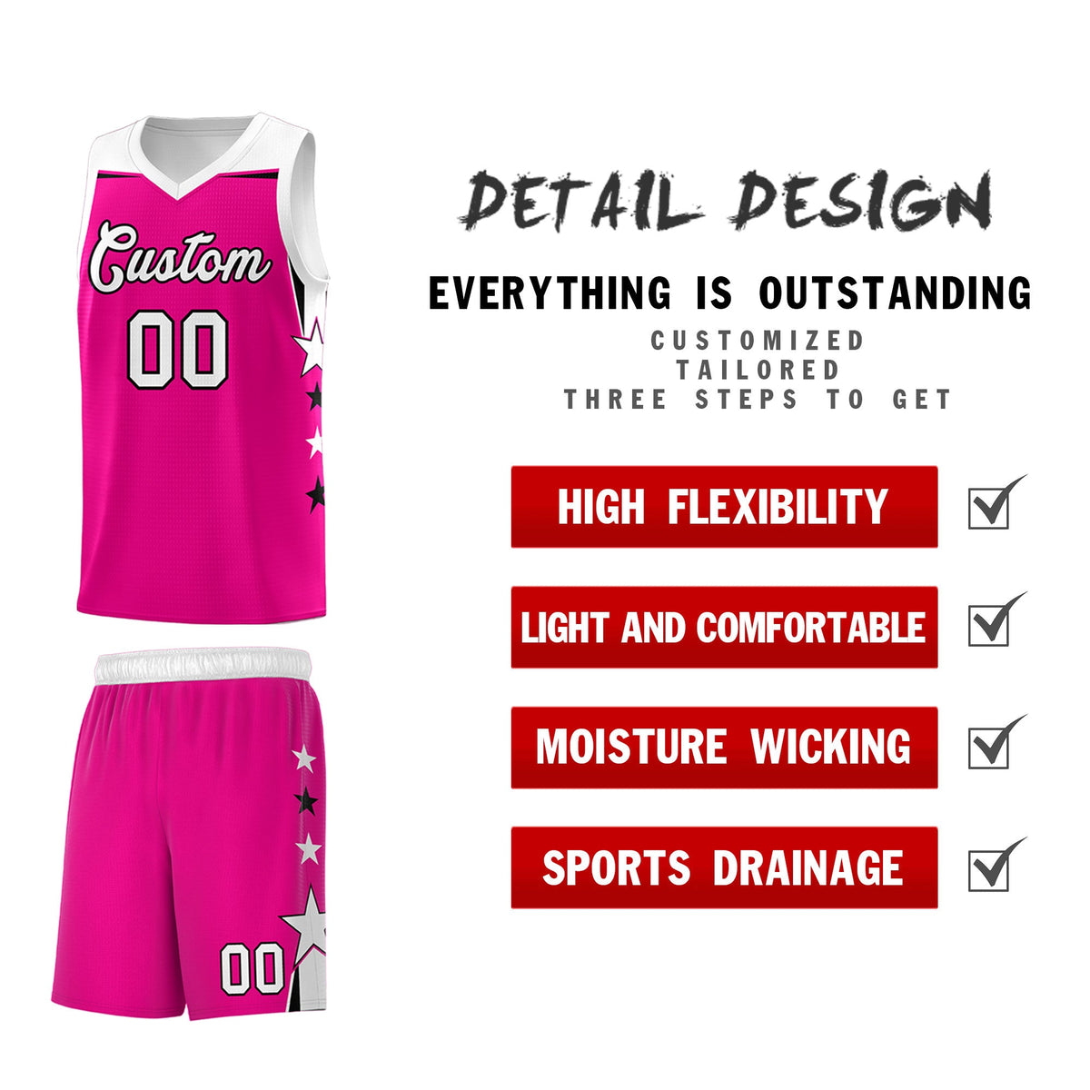 Custom Youth Basketball Uniform Pink White Two Tone Side Star Color Block Team Jersey