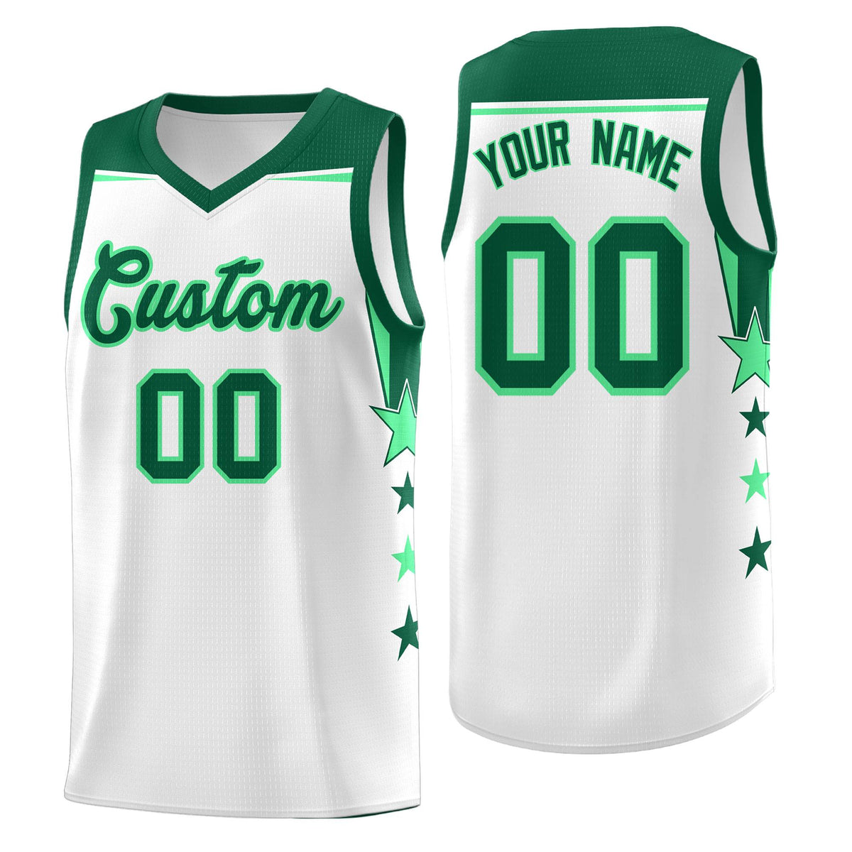 Custom Youth Basketball Uniform White Kelly Green Two Tone Side Star Add Name Number &amp; Logo