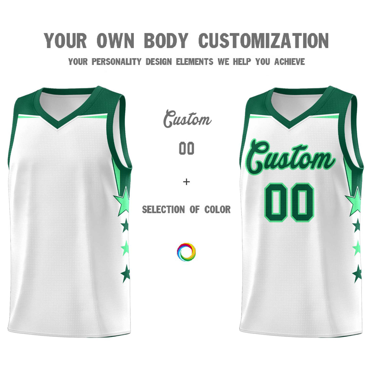 Custom Youth Basketball Uniform White Kelly Green Two Tone Side Star Add Name Number &amp; Logo