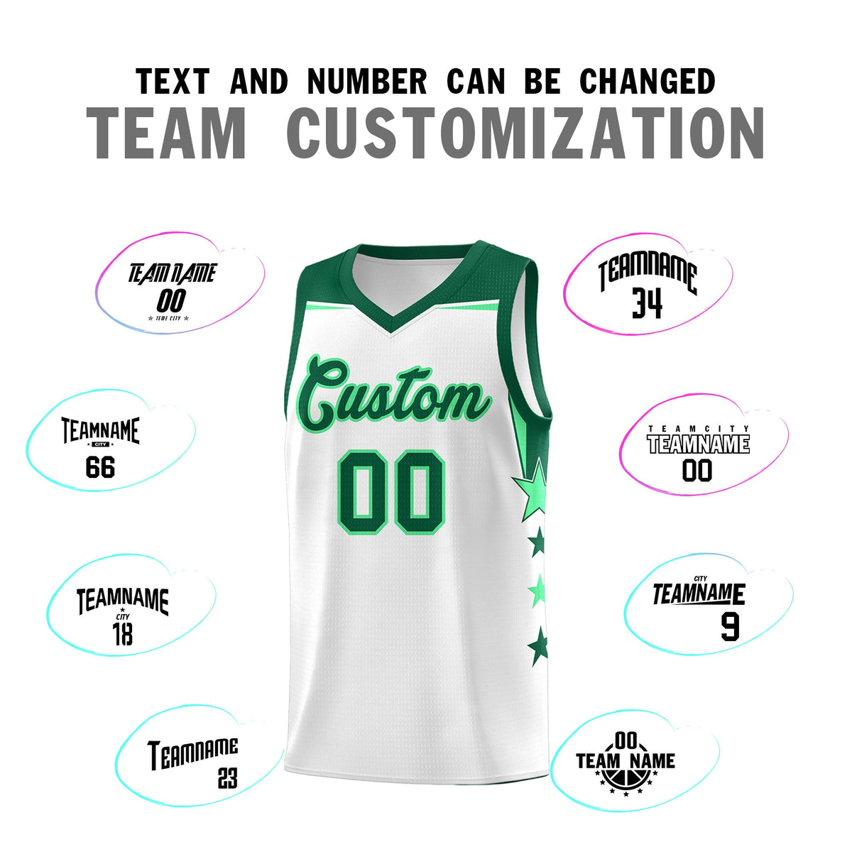 Custom Youth Basketball Uniform White Kelly Green Two Tone Side Star Add Name Number &amp; Logo