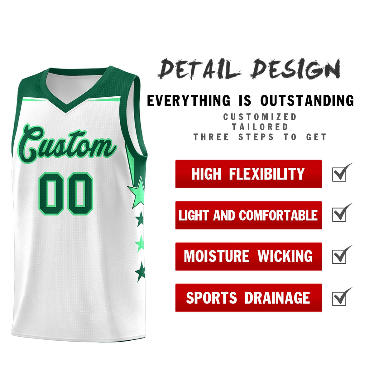 Custom Youth Basketball Uniform White Kelly Green Two Tone Side Star Add Name Number &amp; Logo