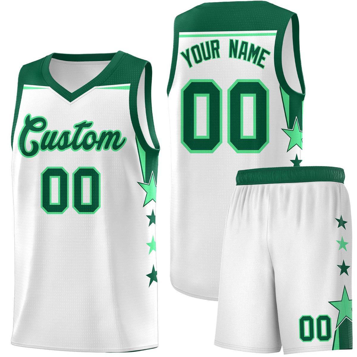 Custom Youth Basketball Uniform White Kelly Green Two Tone Side Star Add Name Number &amp; Logo