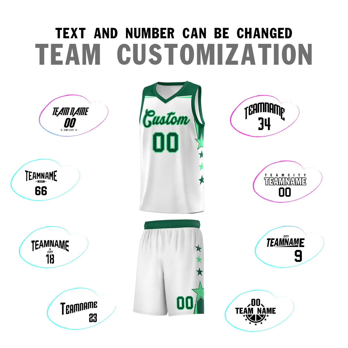 Custom Youth Basketball Uniform White Kelly Green Two Tone Side Star Add Name Number &amp; Logo