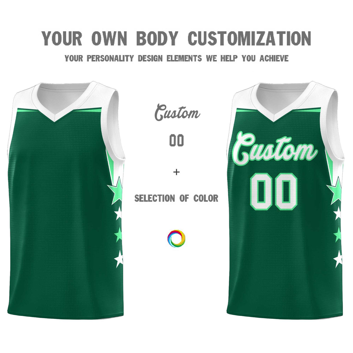 Custom Youth Basketball Uniform Kelly Green White Two Tone Side Star Personalized Team Jersey