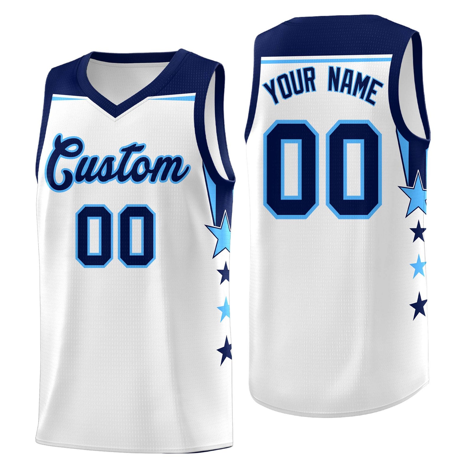 Custom Youth Basketball Uniform White Navy Two Tone Side Star Add Name Number & Logo