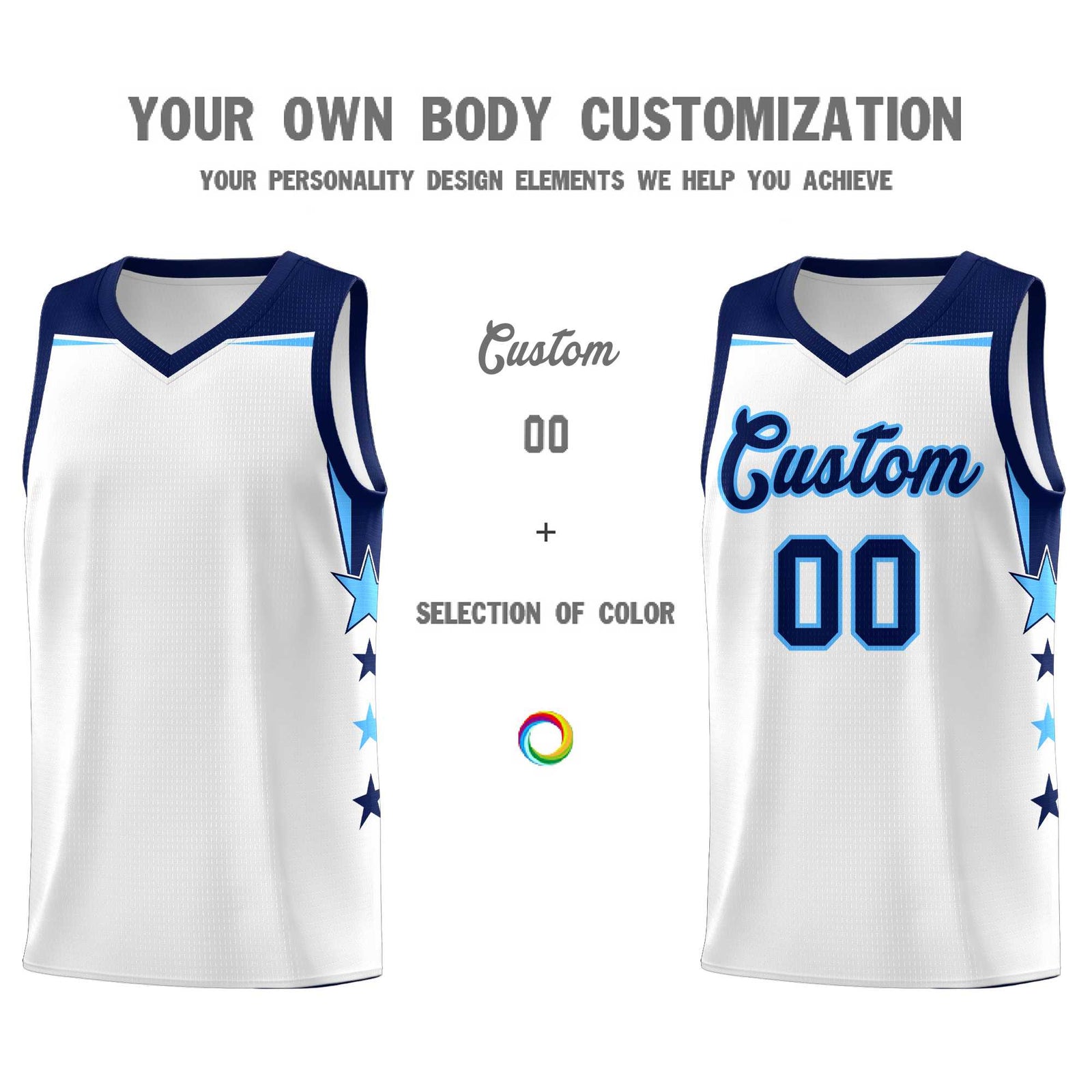 Custom Youth Basketball Uniform White Navy Two Tone Side Star Add Name Number & Logo