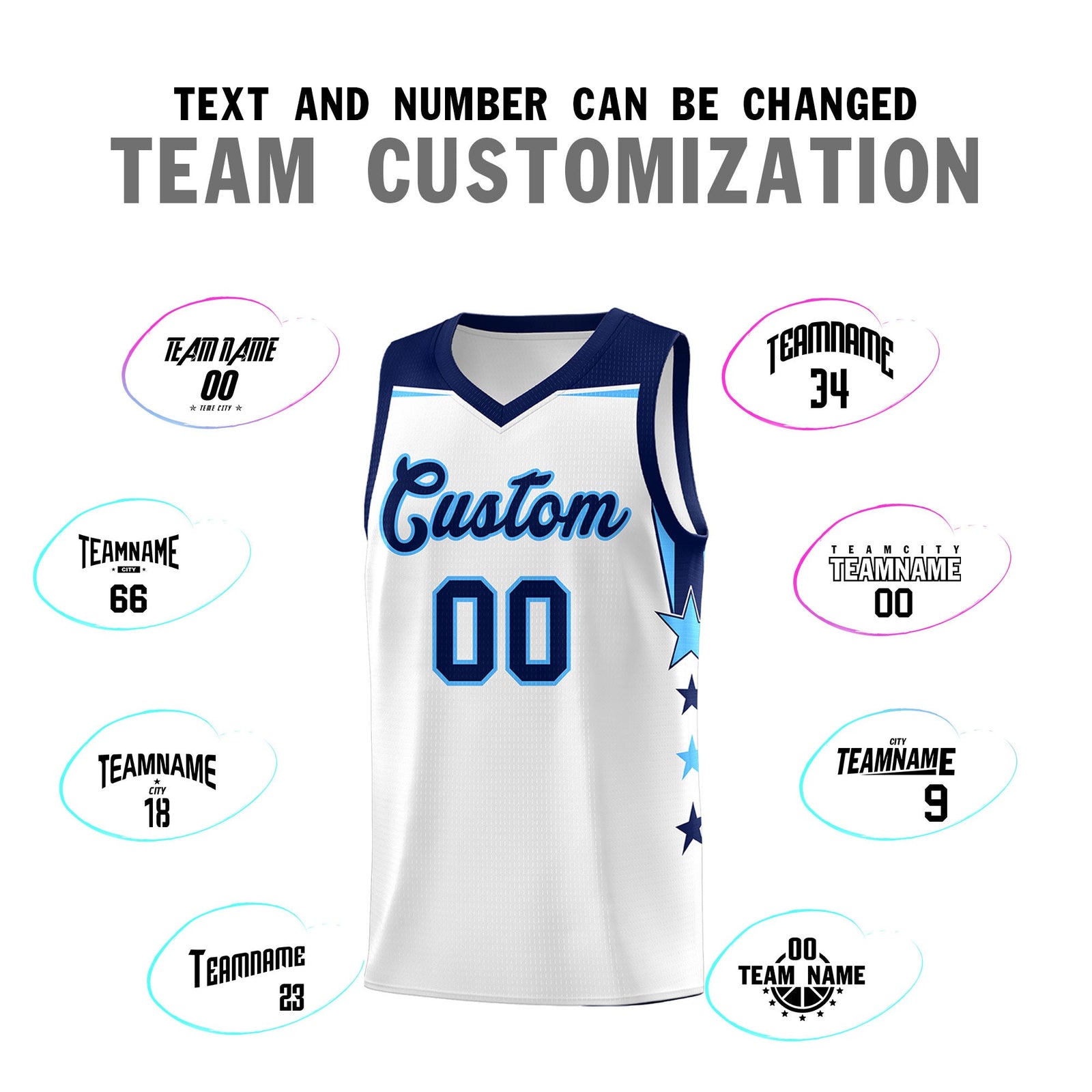 Custom Youth Basketball Uniform White Navy Two Tone Side Star Add Name Number & Logo
