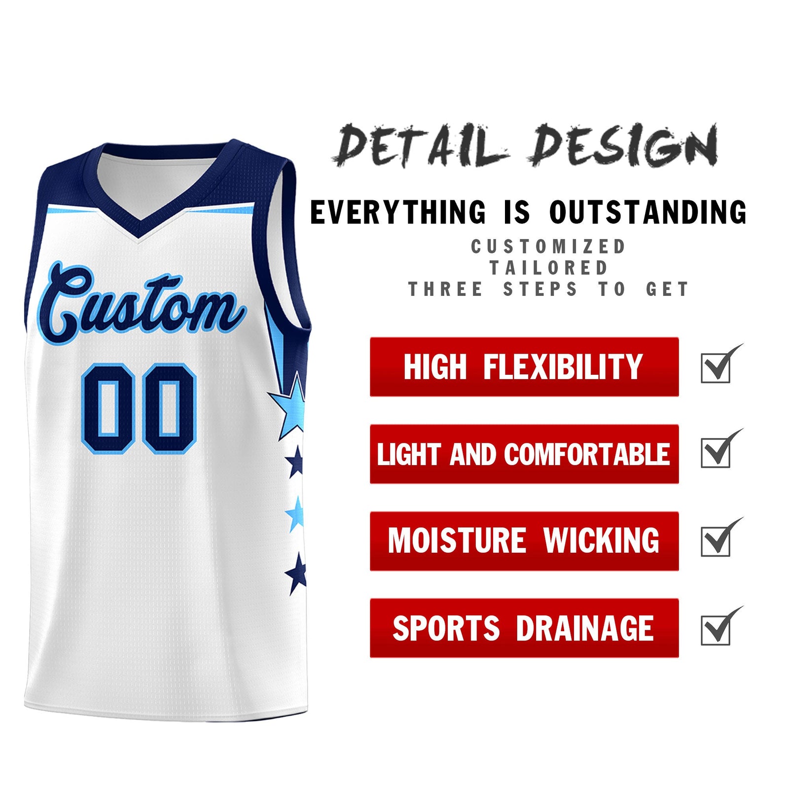 Custom Youth Basketball Uniform White Navy Two Tone Side Star Add Name Number & Logo