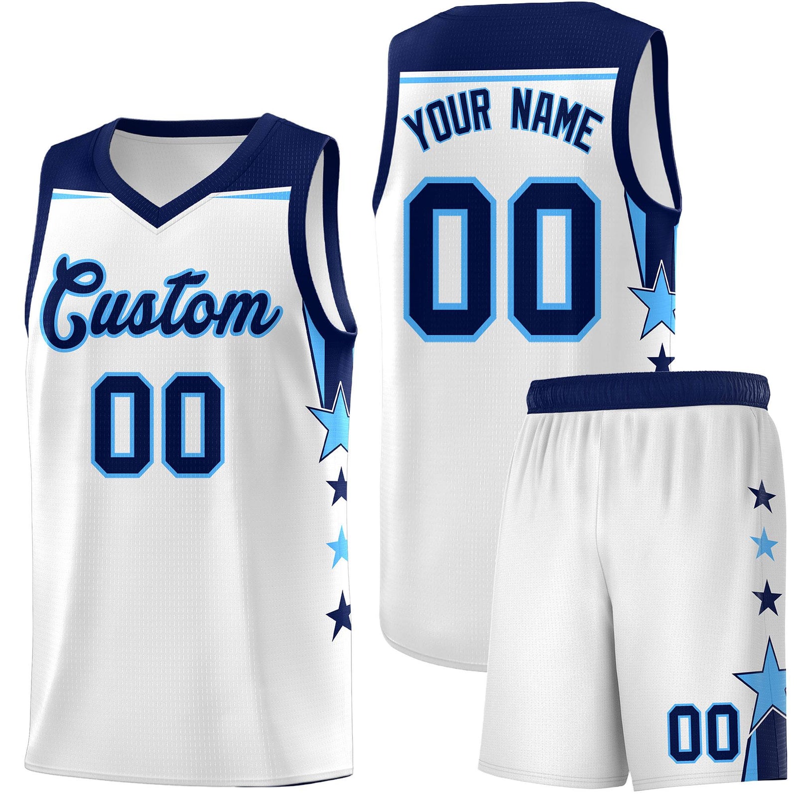 Custom Youth Basketball Uniform White Navy Two Tone Side Star Add Name Number & Logo