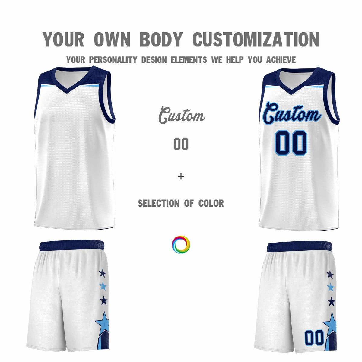 Custom Youth Basketball Uniform White Navy Two Tone Side Star Add Name Number &amp; Logo