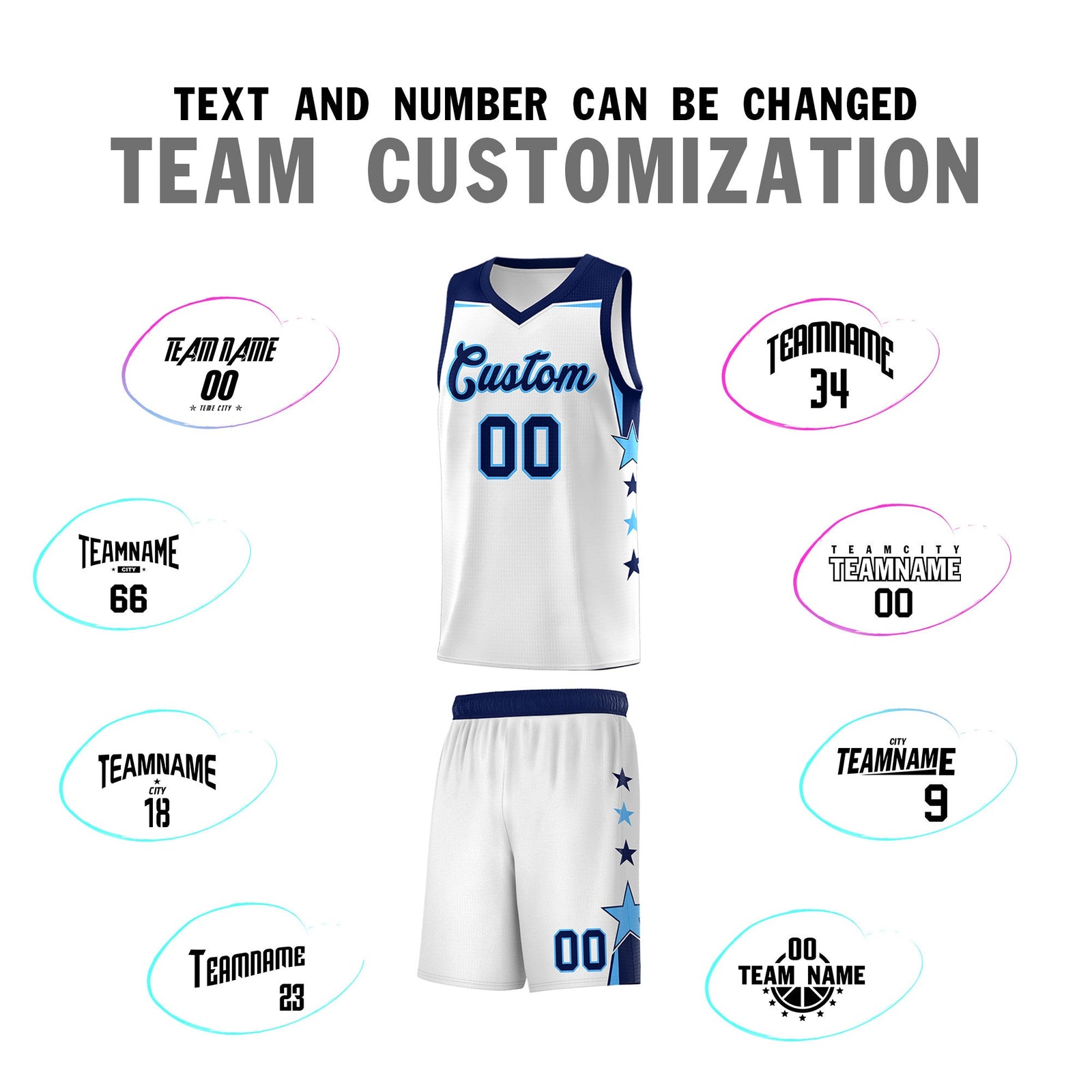 Custom Youth Basketball Uniform White Navy Two Tone Side Star Add Name Number & Logo