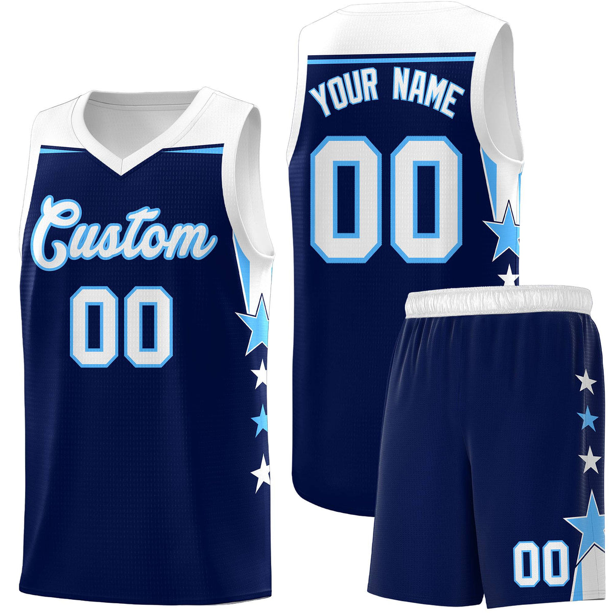 Custom Youth Basketball Uniform Navy White Two Tone Side Star Personalized Team Jersey