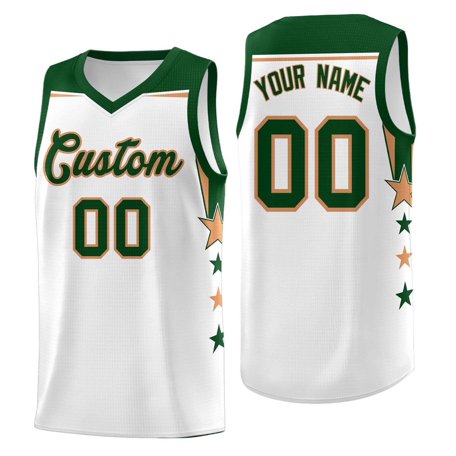 Custom Youth Basketball Uniform White Green Two Tone Side Star Add Name Number & Logo