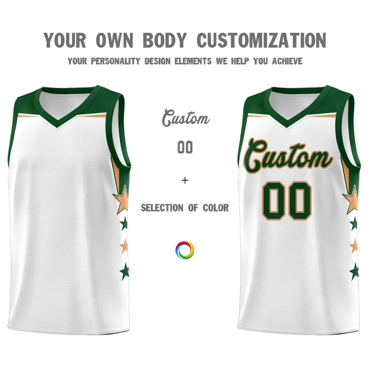 Custom Youth Basketball Uniform White Green Two Tone Side Star Add Name Number &amp; Logo