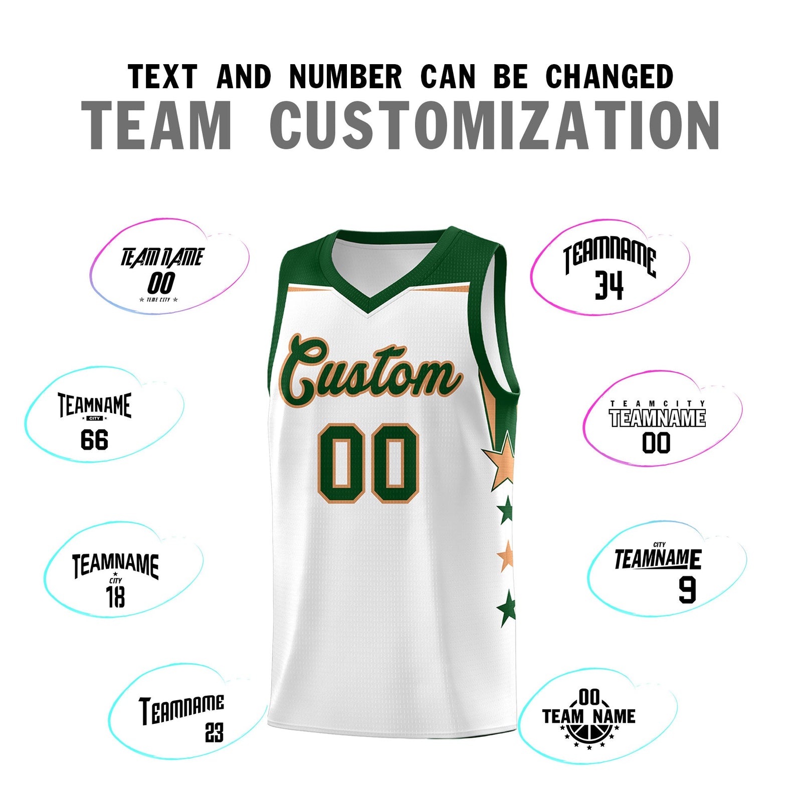 Custom Youth Basketball Uniform White Green Two Tone Side Star Add Name Number & Logo