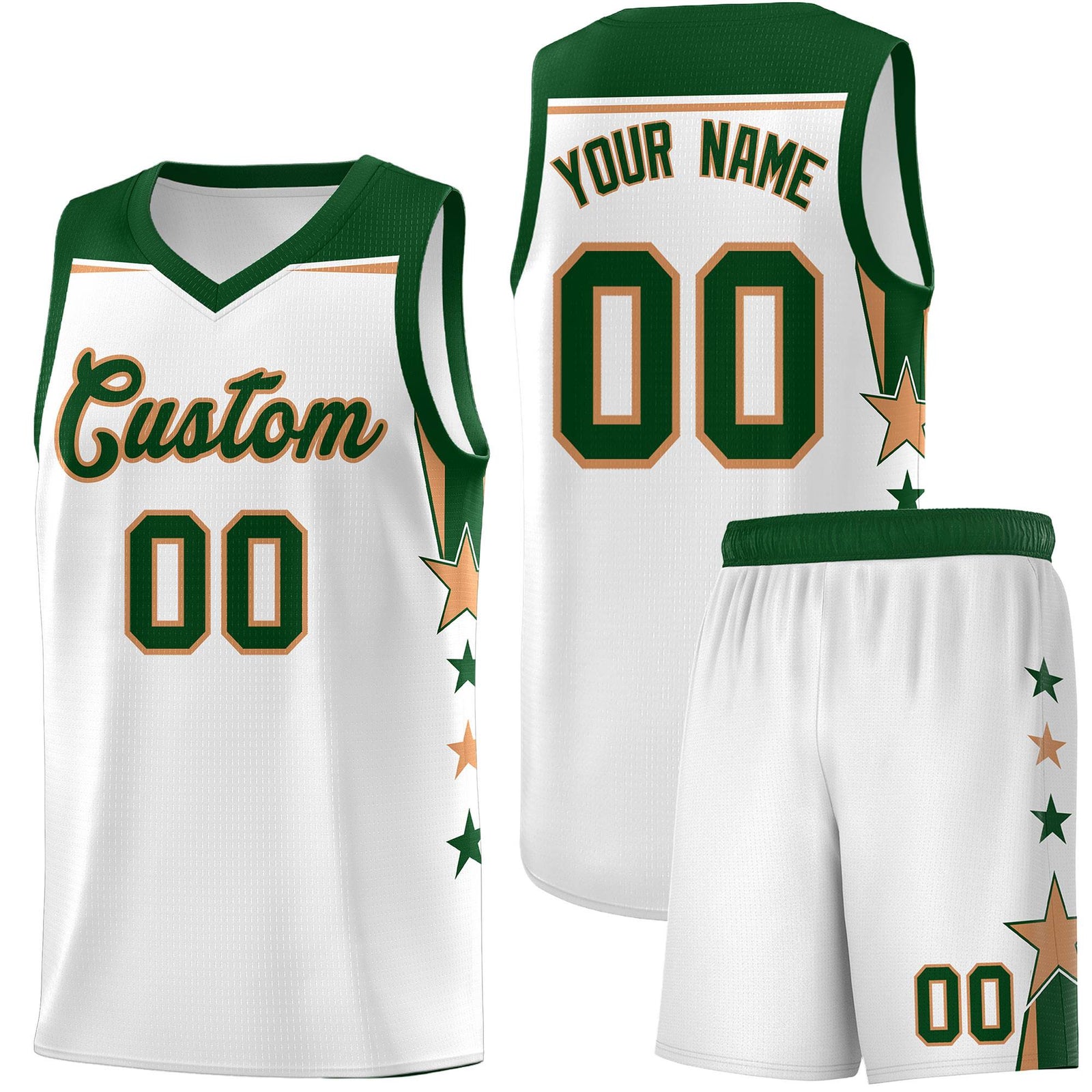 Custom Youth Basketball Uniform White Green Two Tone Side Star Add Name Number & Logo