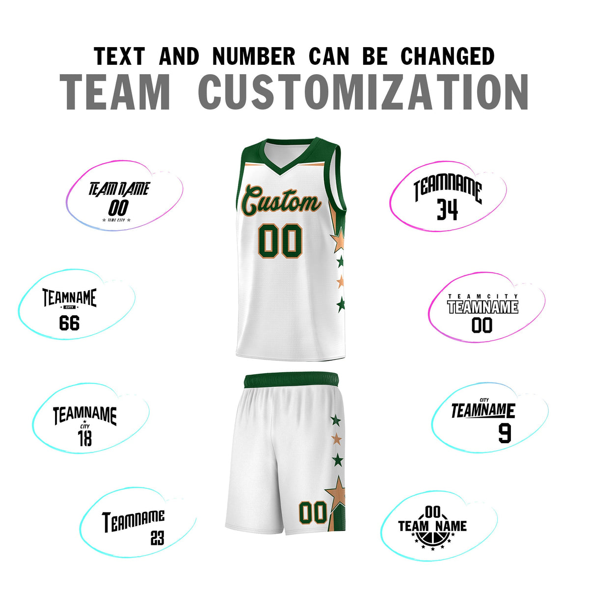 Custom Youth Basketball Uniform White Green Two Tone Side Star Add Name Number &amp; Logo