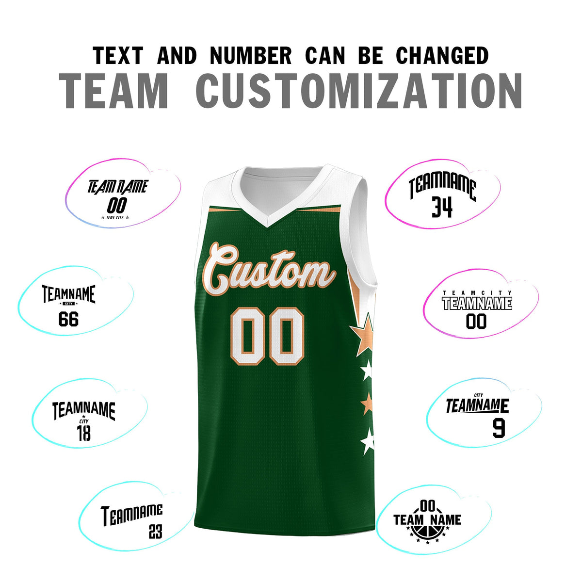 Custom Youth Basketball Uniform Green White Two Tone Side Star Personalized Team Jersey
