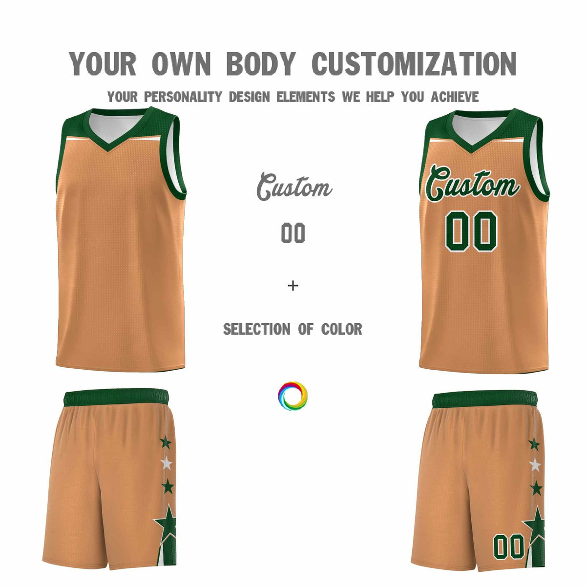 Custom Youth Basketball Uniform Buckskin Brown Green Two Tone Side Star Color Block Team Jersey