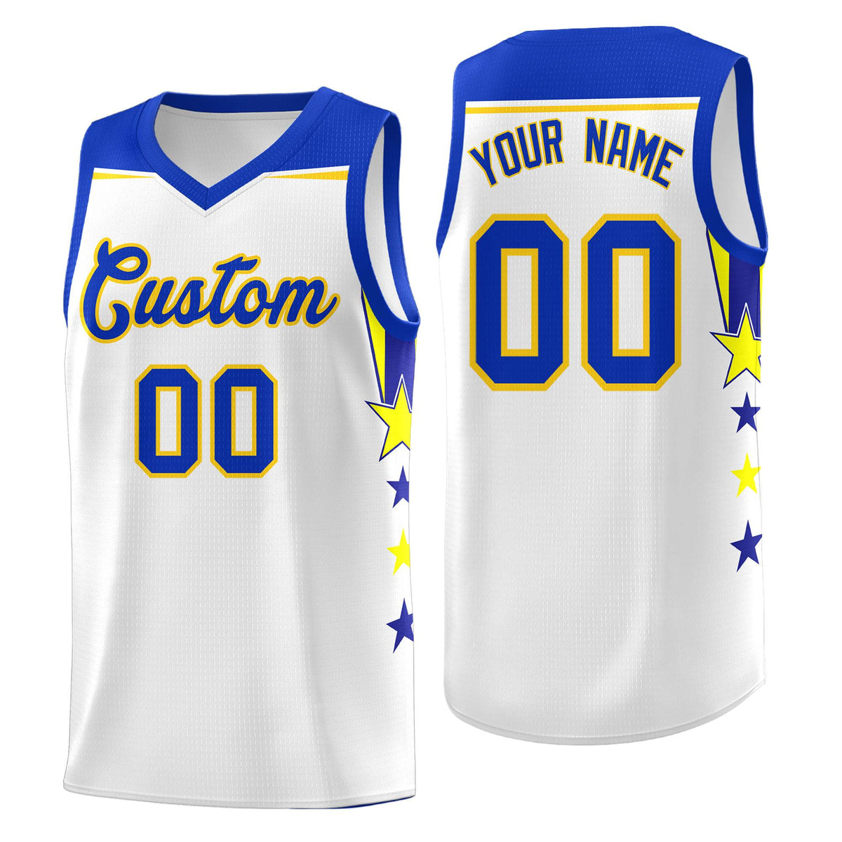 Custom Youth Basketball Uniform White Royal Two Tone Side Star Add Name Number &amp; Logo