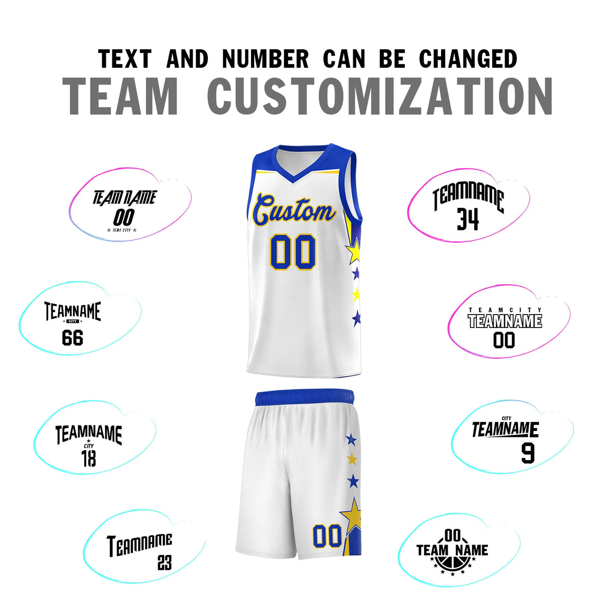 Custom Youth Basketball Uniform White Royal Two Tone Side Star Add Name Number &amp; Logo