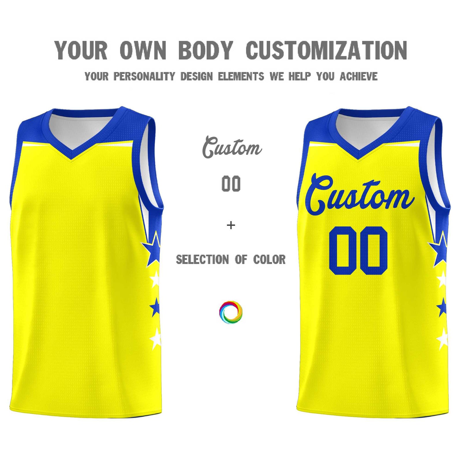 Custom Youth Basketball Uniform Fluorescent Yellow Royal Two Tone Side Star Color Block Team Jersey