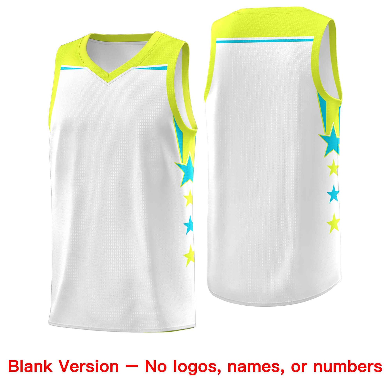 Custom Youth Basketball Uniform White Fluorescent Green Two Tone Side Star Add Name Number & Logo
