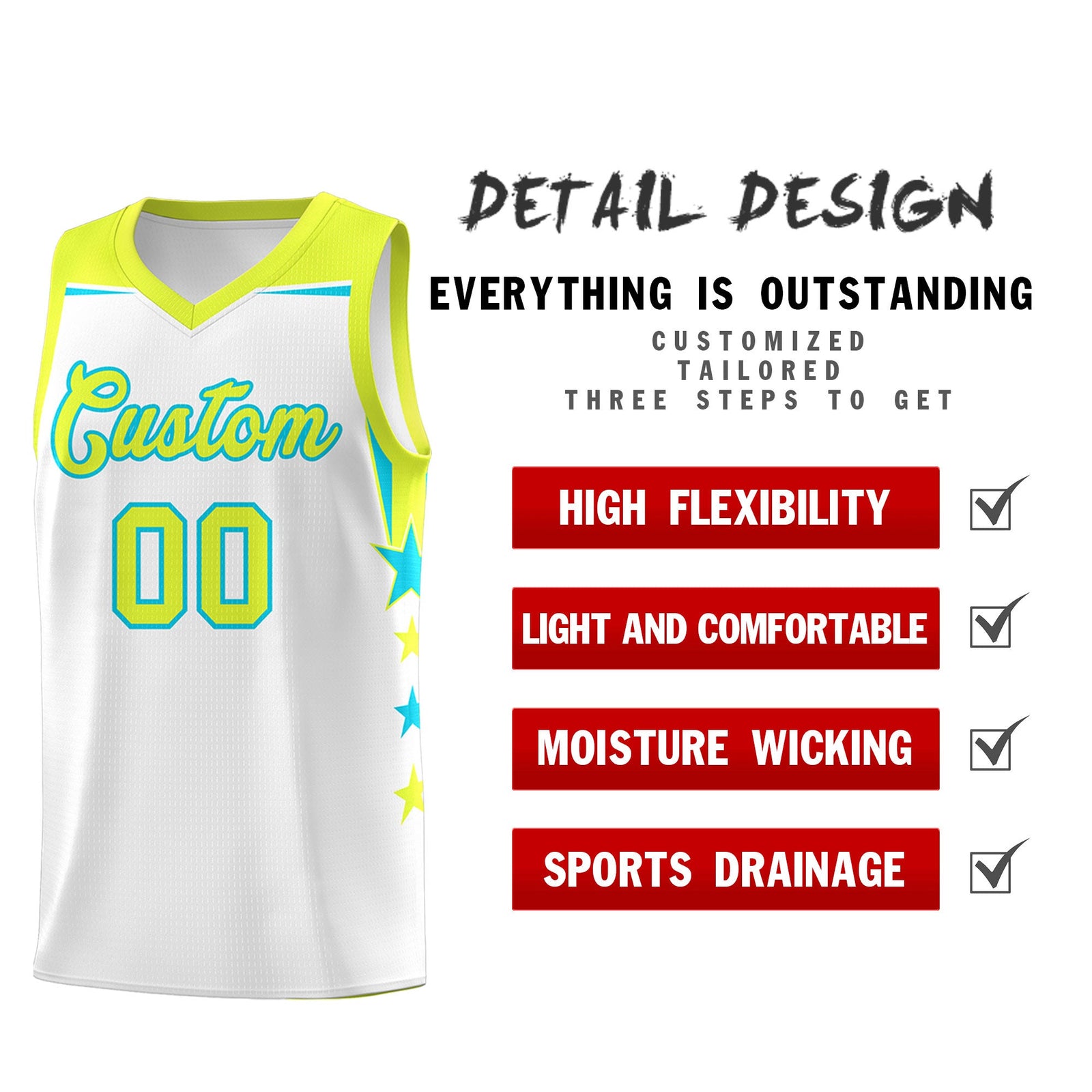 Custom Youth Basketball Uniform White Fluorescent Green Two Tone Side Star Add Name Number & Logo