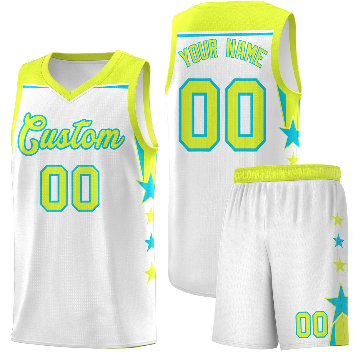 Custom Youth Basketball Uniform White Fluorescent Green Two Tone Side Star Add Name Number &amp; Logo