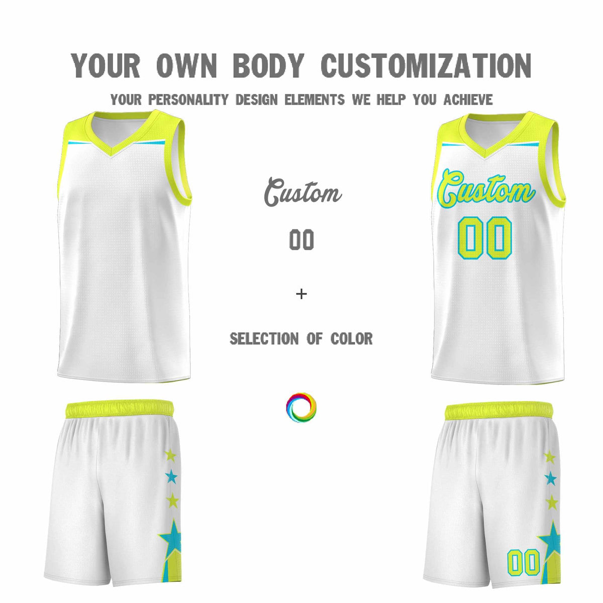 Custom Youth Basketball Uniform White Fluorescent Green Two Tone Side Star Add Name Number &amp; Logo