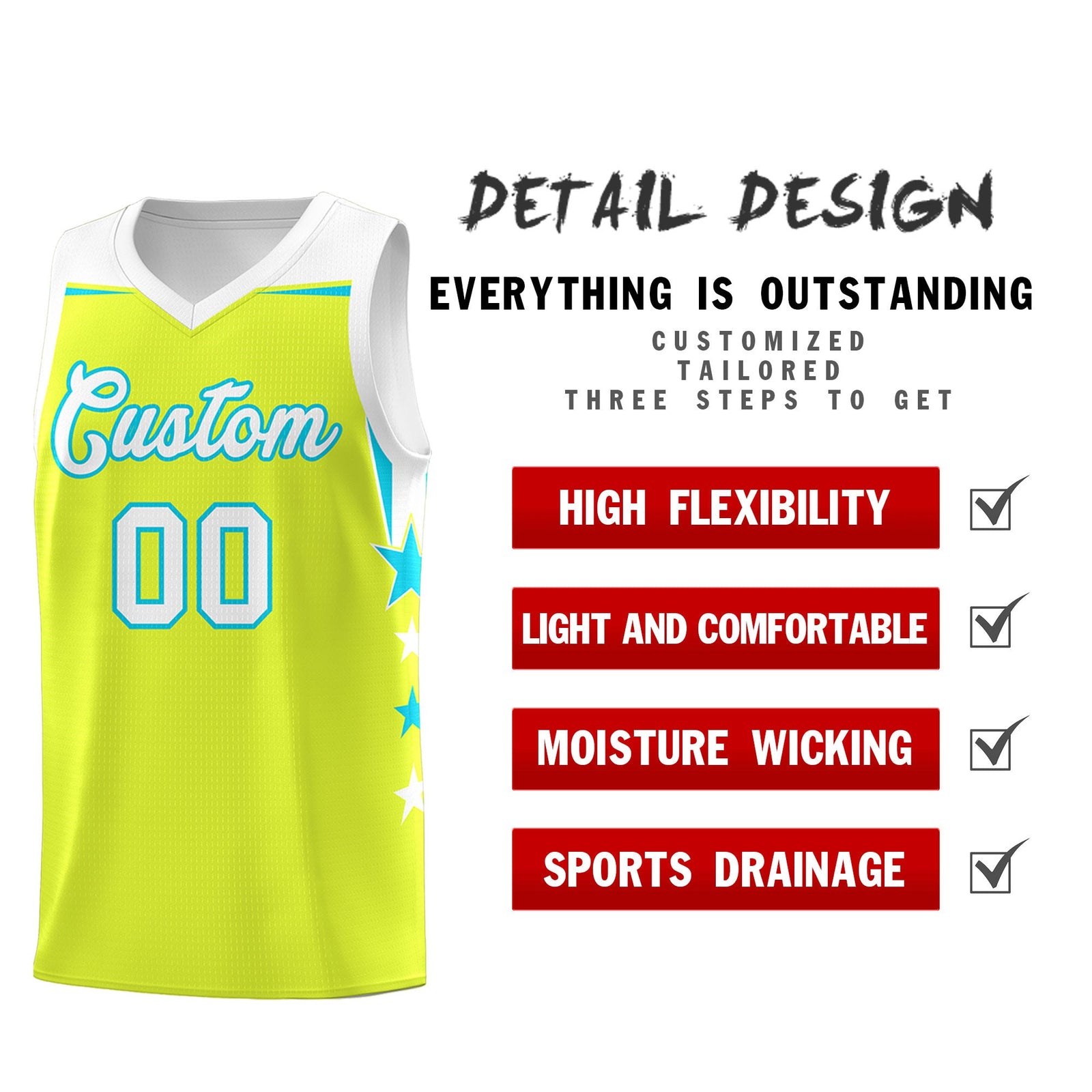 Custom Youth Basketball Uniform Fluorescent Green White Two Tone Side Star Personalized Team Jersey