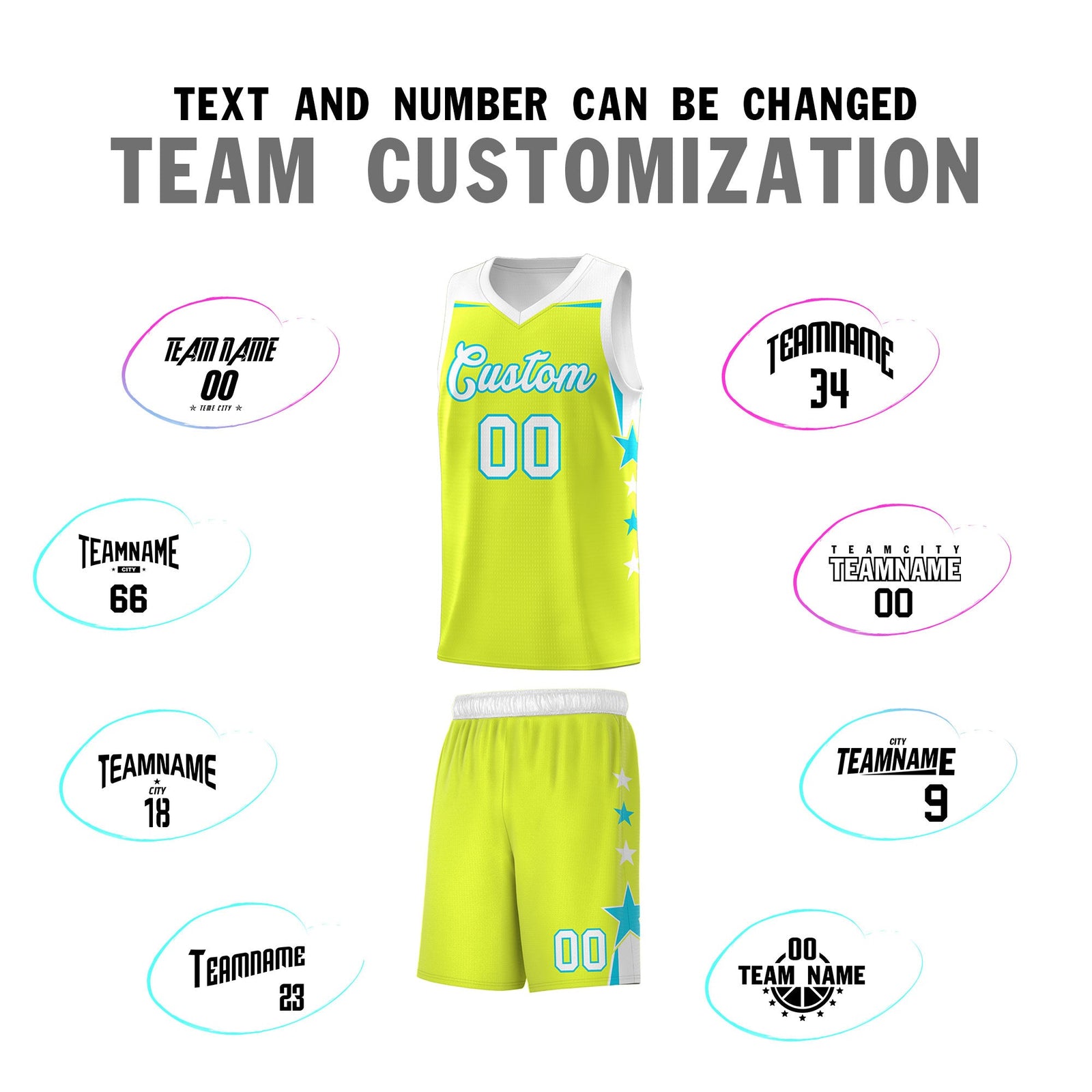 Custom Youth Basketball Uniform Fluorescent Green White Two Tone Side Star Personalized Team Jersey
