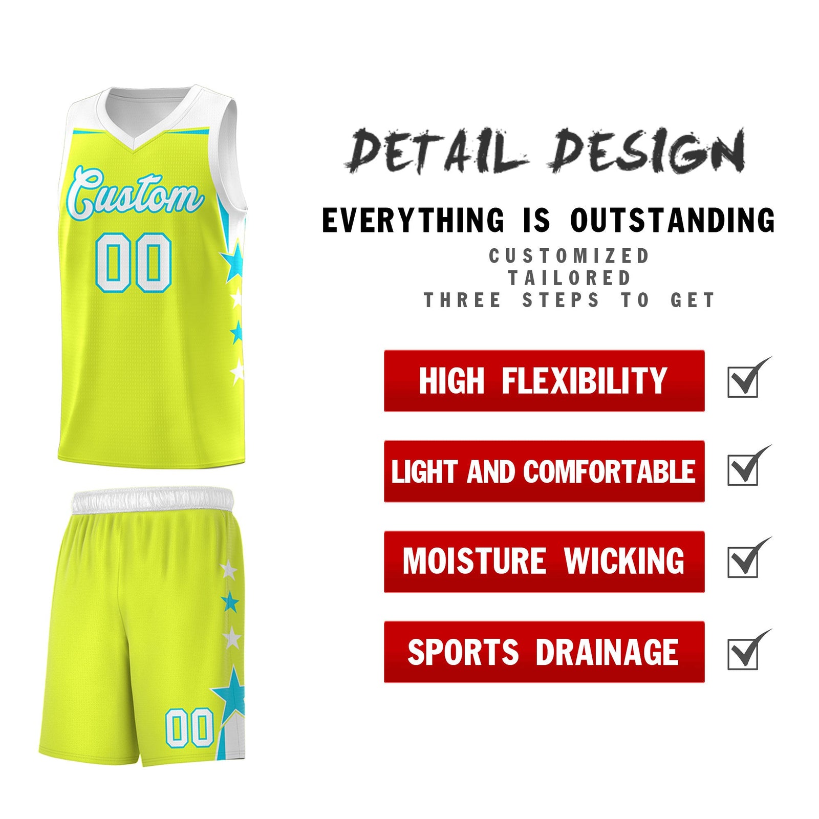 Custom Youth Basketball Uniform Fluorescent Green White Two Tone Side Star Personalized Team Jersey