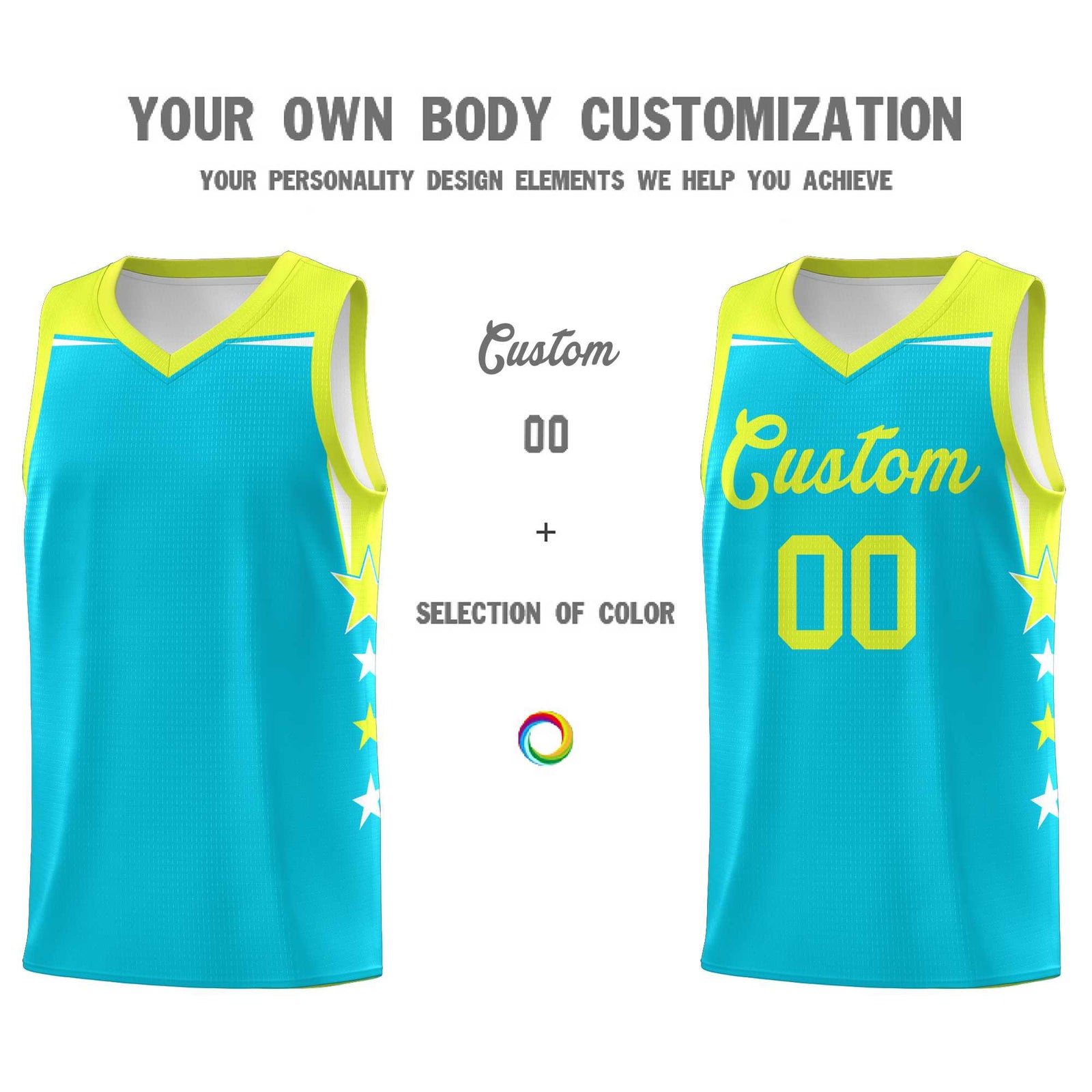 Custom Youth Basketball Uniform Sky Blue Fluorescent Green Two Tone Side Star Color Block Team Jersey