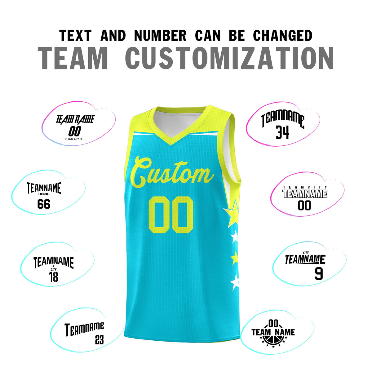 Custom Youth Basketball Uniform Sky Blue Fluorescent Green Two Tone Side Star Color Block Team Jersey
